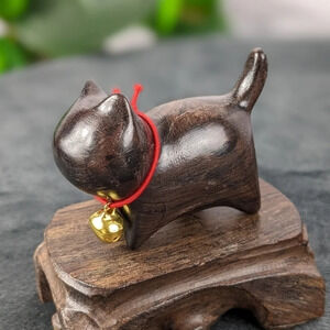 Wooden hand carved kitty cat feline figurine statue